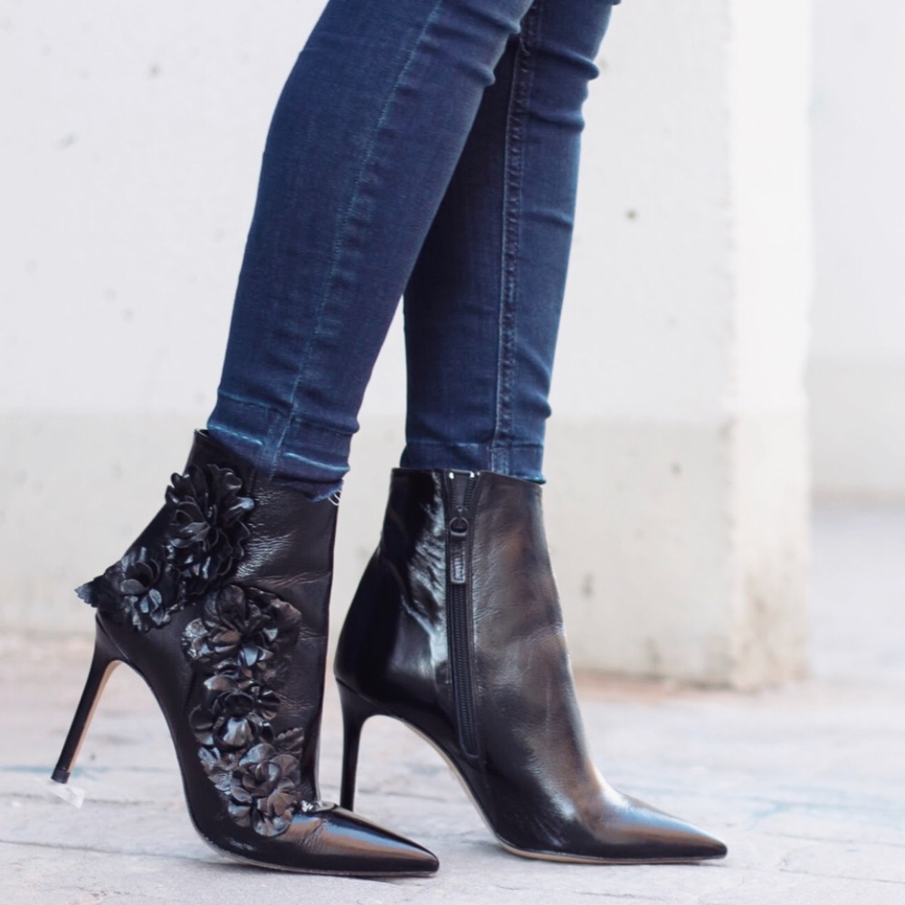 Zara Leather High Heel Ankle Boots with Flowers